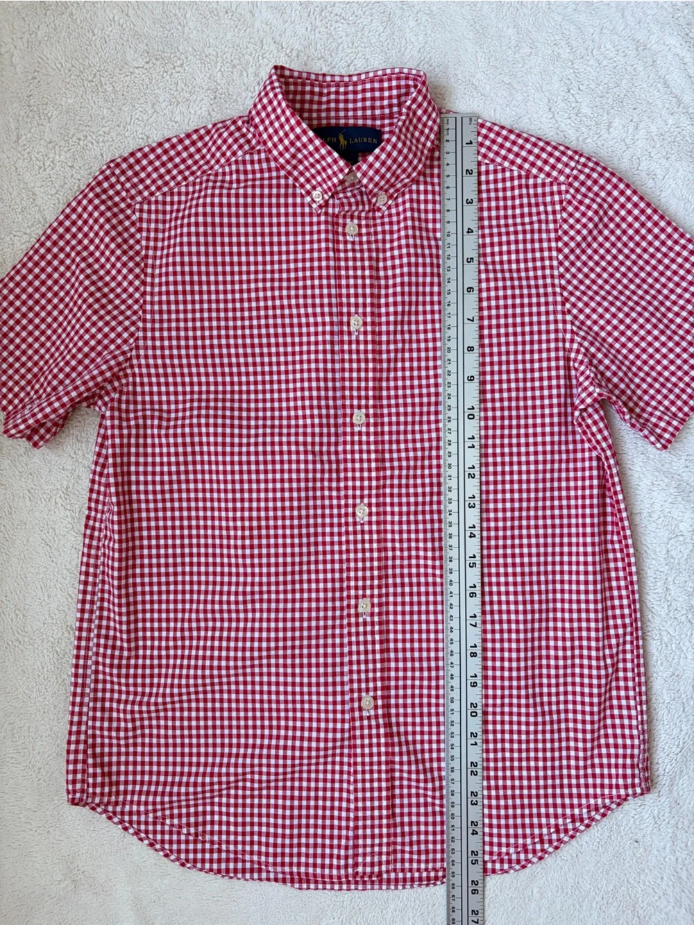 Ralph Lauren Red Gingham Button Down Short Sleeve Shirt Boys Size Large 14-16